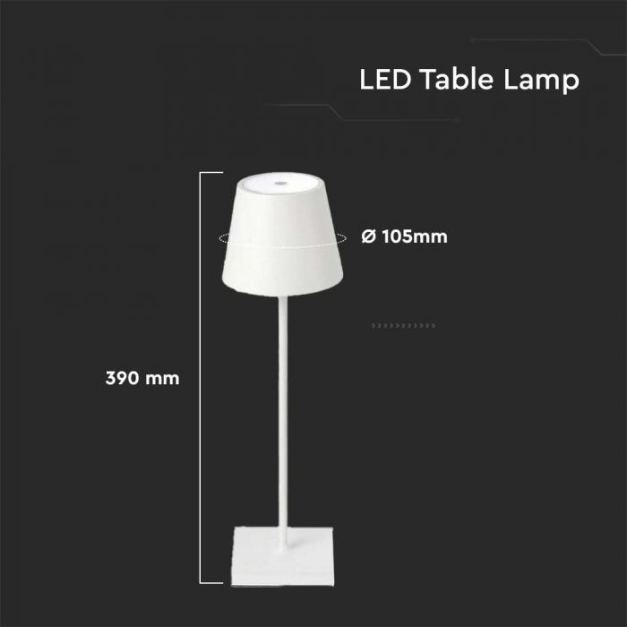 3W(70Lm) LED-bordslampa, V-TAC, IP20, vit, dimbar, 5V 1A, 105x390mm, varmvitt ljus 3000K