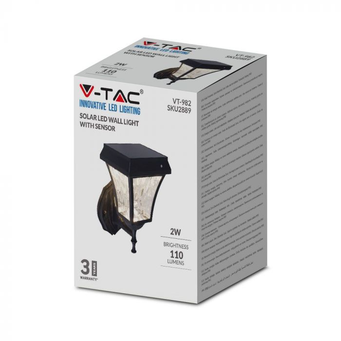 2W(110Lm) LED front luminaire with solar cell, IP65, mat black, 3IN1, V-TAC