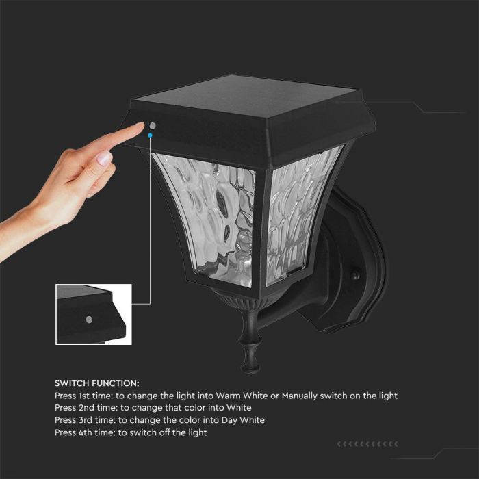 2W(110Lm) LED front luminaire with solar cell, IP65, mat black, 3IN1, V-TAC