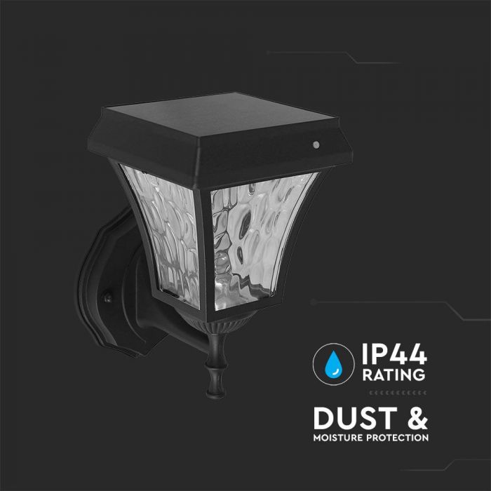 2W(110Lm) LED  fasādes gaismeklis ar saules bateriju, IP65, matēta melna, 3IN1, V-TAC