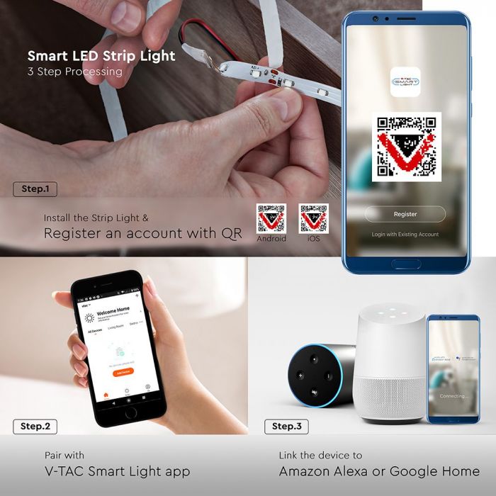 15W/m LED V-TAC SMART lentu komplekts RGB + 3in1, 5m, IP65, saderīgs ar Amazon Alexa un Google Home aplikācijām, aptumšojams
