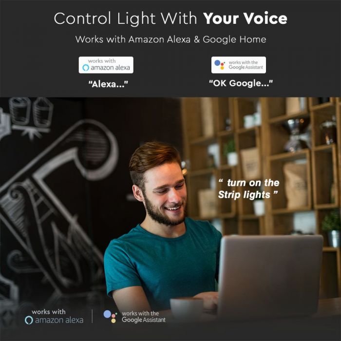 15W/m LED V-TAC SMART tape set RGB + 3in1, 5m, IP65, compatible with Amazon Alexa and Google Home applications, dimmable