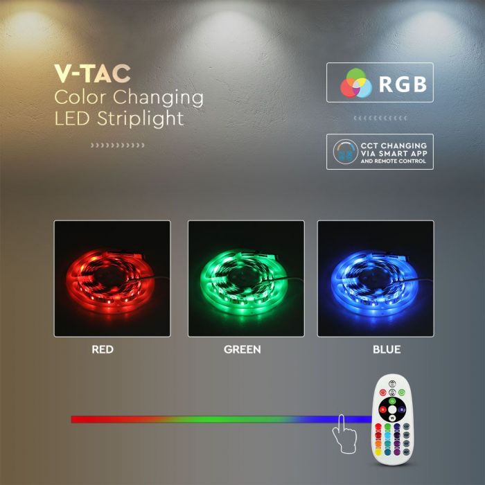 15W/m LED V-TAC SMART tape set RGB + 3in1, 5m, IP65, compatible with Amazon Alexa and Google Home applications, dimmable