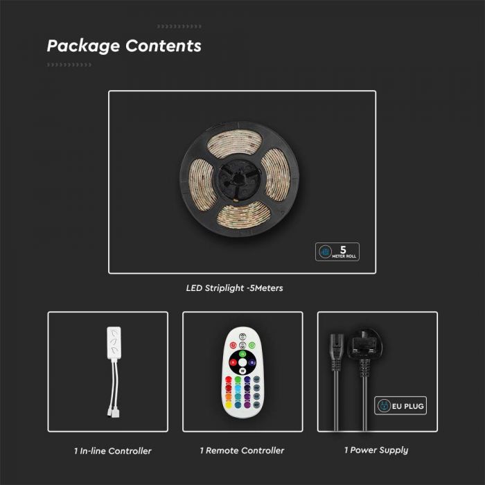 15W/m LED V-TAC SMART lentu komplekts RGB + 3in1, 5m, IP65, saderīgs ar Amazon Alexa un Google Home aplikācijām, aptumšojams