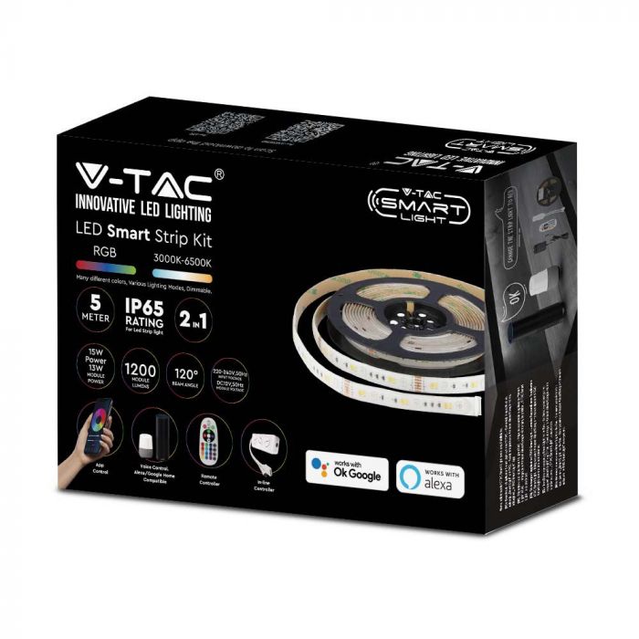15W/m LED V-TAC SMART lentu komplekts RGB + 3in1, 5m, IP65, saderīgs ar Amazon Alexa un Google Home aplikācijām, aptumšojams