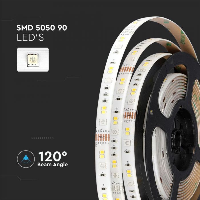 15W/m LED V-TAC SMART lentu komplekts RGB + 3in1, 5m, IP65, saderīgs ar Amazon Alexa un Google Home aplikācijām, aptumšojams