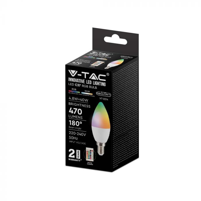 E14 4.8W(470Lm) LED Spuldze SMART, V-TAC, IP20, ar pulti, RGB+ silti balta gaisma 3000K