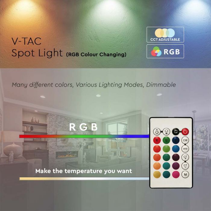 GU10 4.8W(420Lm) LED SMART Spuldze ar pulti, V-TAC. IP20, dimmējama, RGB+silti balta gaisma 3000K