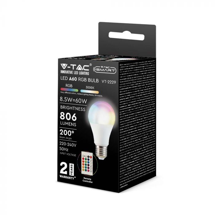 E27 8.5W(806Lm) LED SMART Spuldze ar pulti, A60, V-TAC, IP20, dimmējama, RGB+neitrāli balta gaisma 4000K