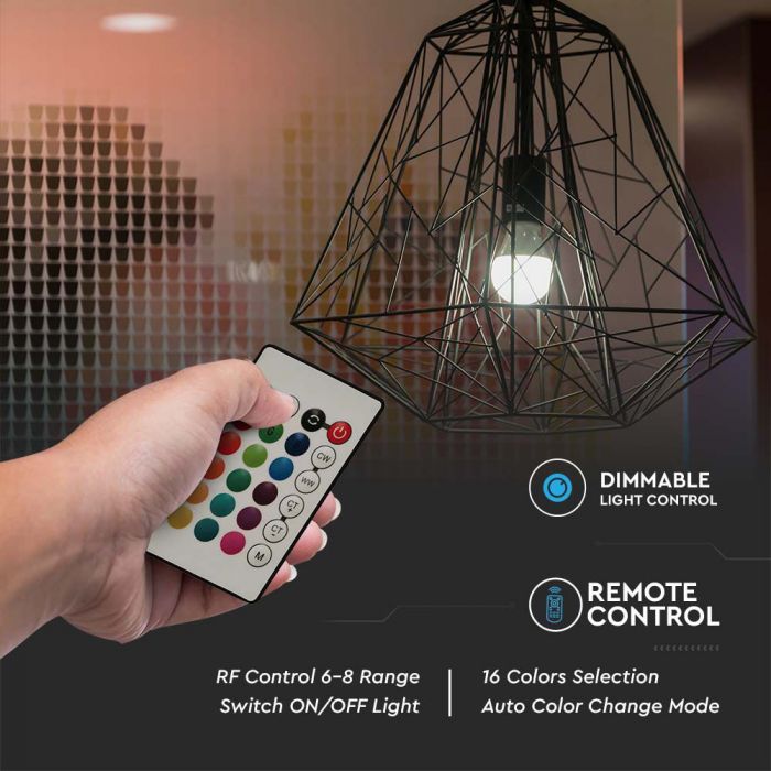 E27 8,5W(806Lm) LED SMART Glödlampa med fjärrkontroll, A60, V-TAC, IP20, dimbar, RGB+Neutralvit 4000K
