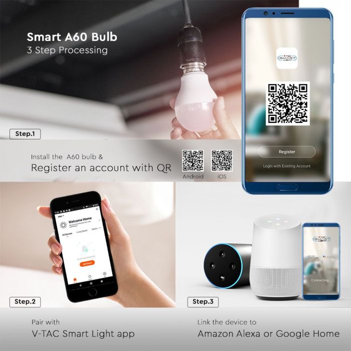 E27 8.5W(806Lm) LED SMART pirn, IP20, ühildub AMAZON ALEXA & GOOGLE HOME, RGB+2700K-6500K