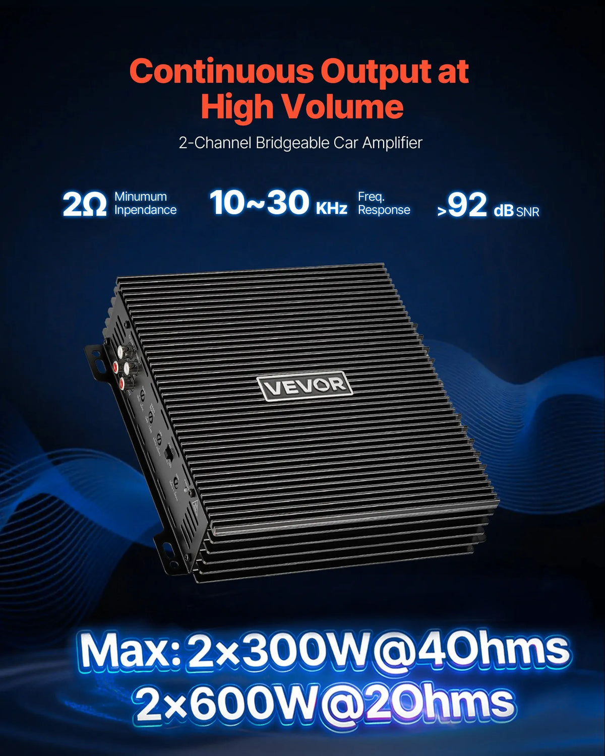 VEVOR 2 kanālu automašīnas audio pastiprinātājs, tiltojams pilna diapazona Class AB stereo pastiprinātājs ar maksimālo jaudu 2 × 300 W pie 4 Ω / 2 × 600 W pie 2 Ω, augstas jaudas auto pastiprinātājs SUV, pikapiem un bezceļu transportlīdzekļiem