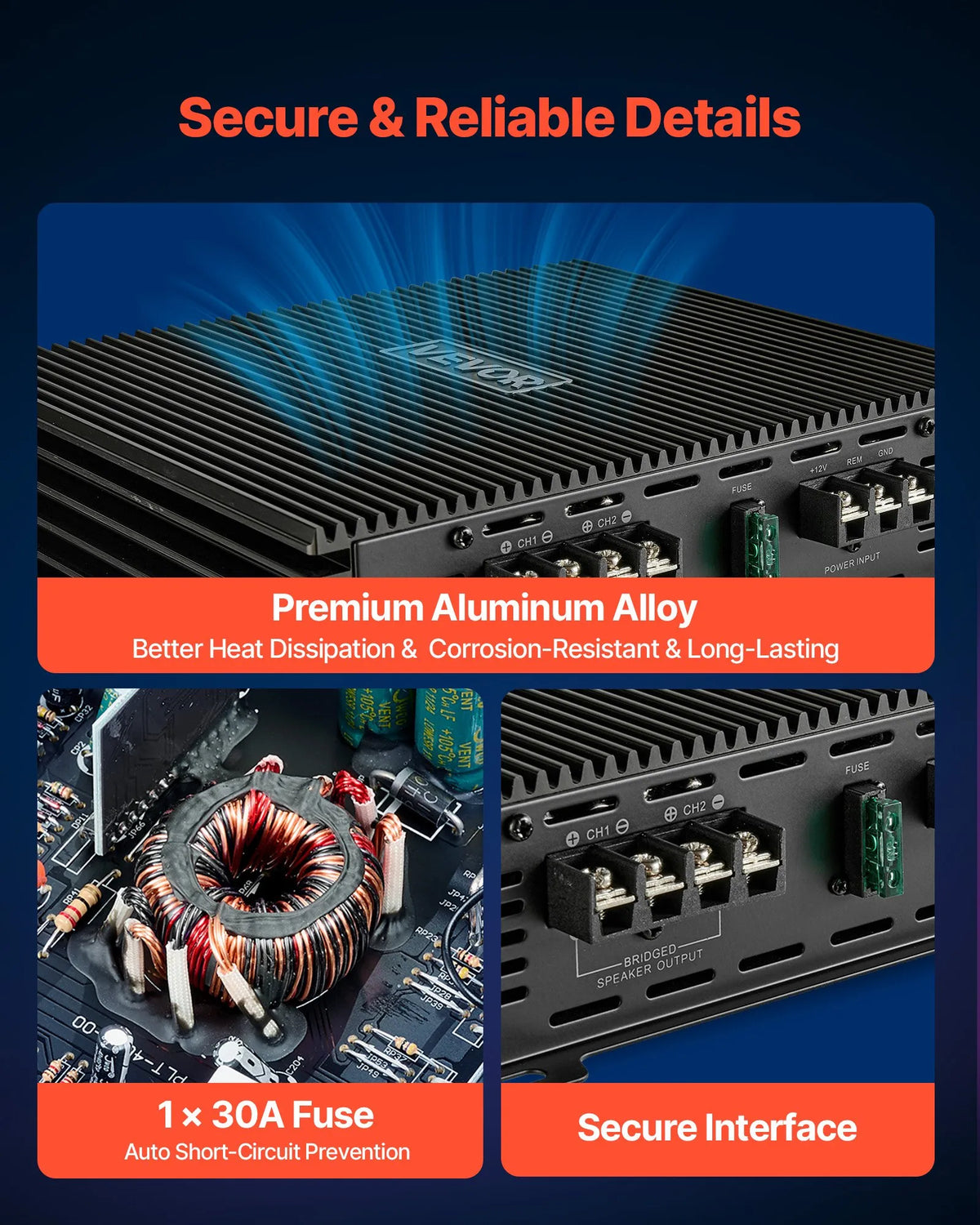 VEVOR 2 kanālu automašīnas audio pastiprinātājs, tiltojams pilna diapazona Class AB stereo pastiprinātājs ar maksimālo jaudu 2 × 300 W pie 4 Ω / 2 × 600 W pie 2 Ω, augstas jaudas auto pastiprinātājs SUV, pikapiem un bezceļu transportlīdzekļiem