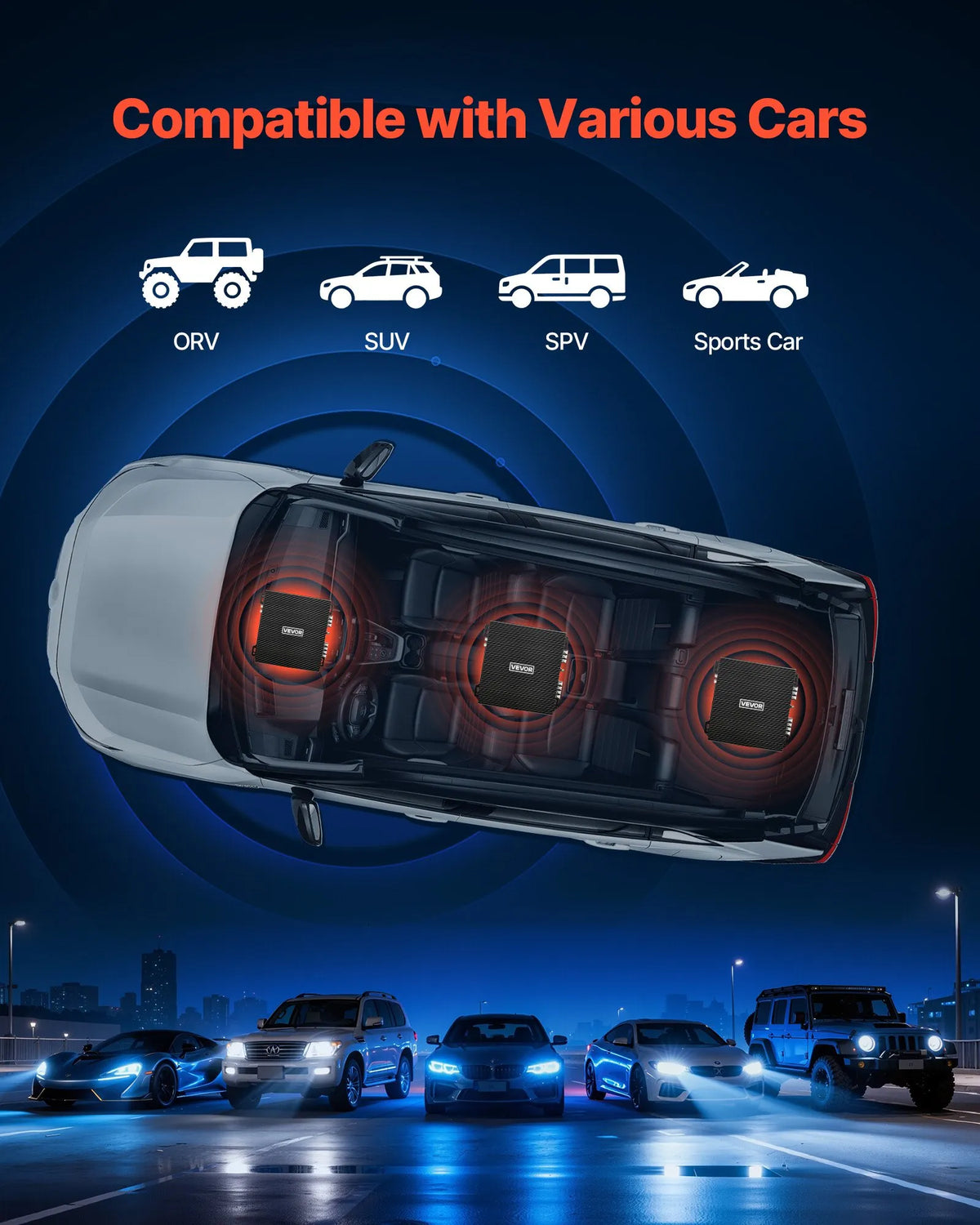 VEVOR 2 kanālu automašīnas audio pastiprinātājs, tiltojams pilna diapazona Class AB stereo pastiprinātājs ar maksimālo jaudu 2 × 300 W pie 4 Ω / 2 × 600 W pie 2 Ω, augstas jaudas auto pastiprinātājs SUV, pikapiem un bezceļu transportlīdzekļiem