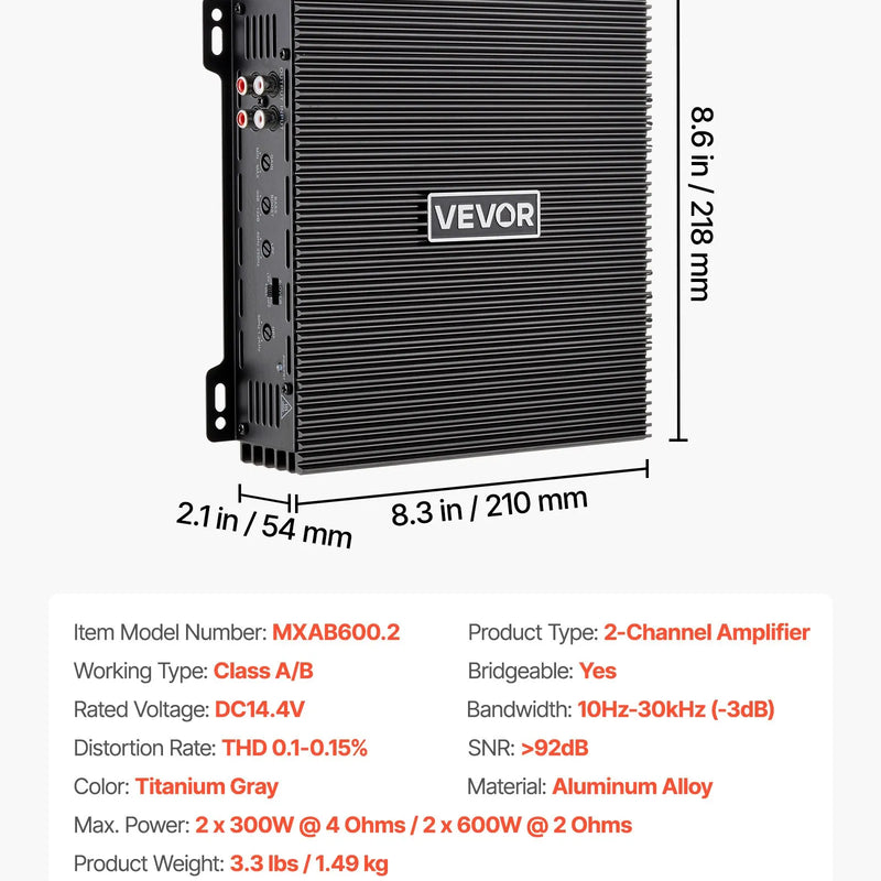 VEVOR 2 kanālu automašīnas audio pastiprinātājs, tiltojams pilna diapazona Class AB stereo pastiprinātājs ar maksimālo jaudu 2 × 300 W pie 4 Ω / 2 × 600 W pie 2 Ω, augstas jaudas auto pastiprinātājs SUV, pikapiem un bezceļu transportlīdzekļiem