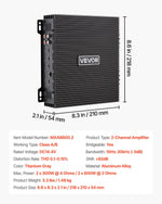 VEVOR 2 kanālu automašīnas audio pastiprinātājs, tiltojams pilna diapazona Class AB stereo pastiprinātājs ar maksimālo jaudu 2 × 300 W pie 4 Ω / 2 × 600 W pie 2 Ω, augstas jaudas auto pastiprinātājs SUV, pikapiem un bezceļu transportlīdzekļiem