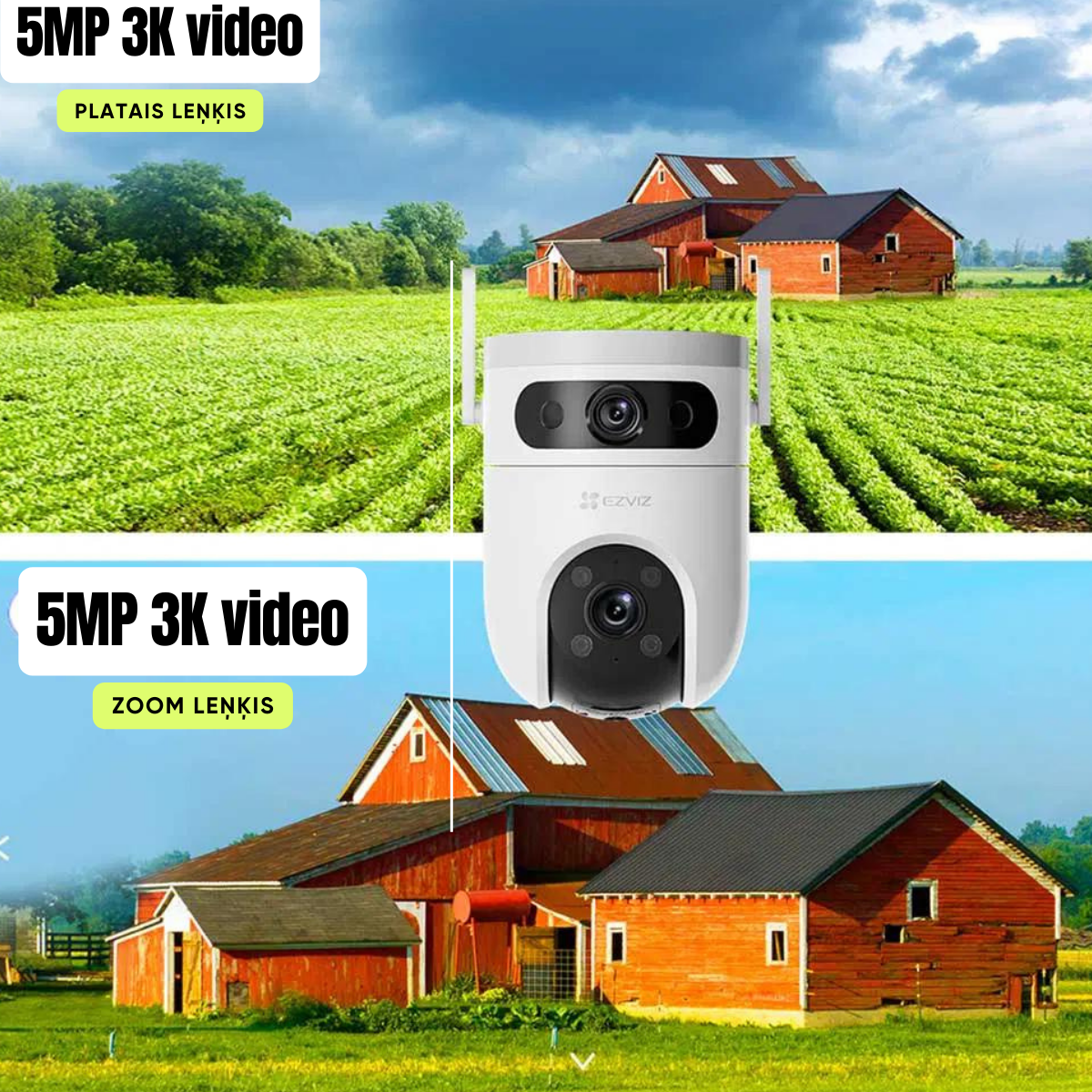 Ezviz H9C 3K (5MP+ 5MP) with 2 lenses (wide-angle fixed and zoom moving) and high resolution. Colour night vision, human tracking, siren, two-way audio