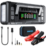 AVAPOW TM28 starteris ar gaisa kompresoru, 4000A, 150 PSI — portatīvs auto akumulatora palaišanas bloks ar 4″ HD displeju, PD 30W divvirzienu ātro uzlādi, piemērots visiem benzīna un līdz 10L dīzeļdzinējiem, ar automātisku riepu piepumpēšanas izslēgšanu