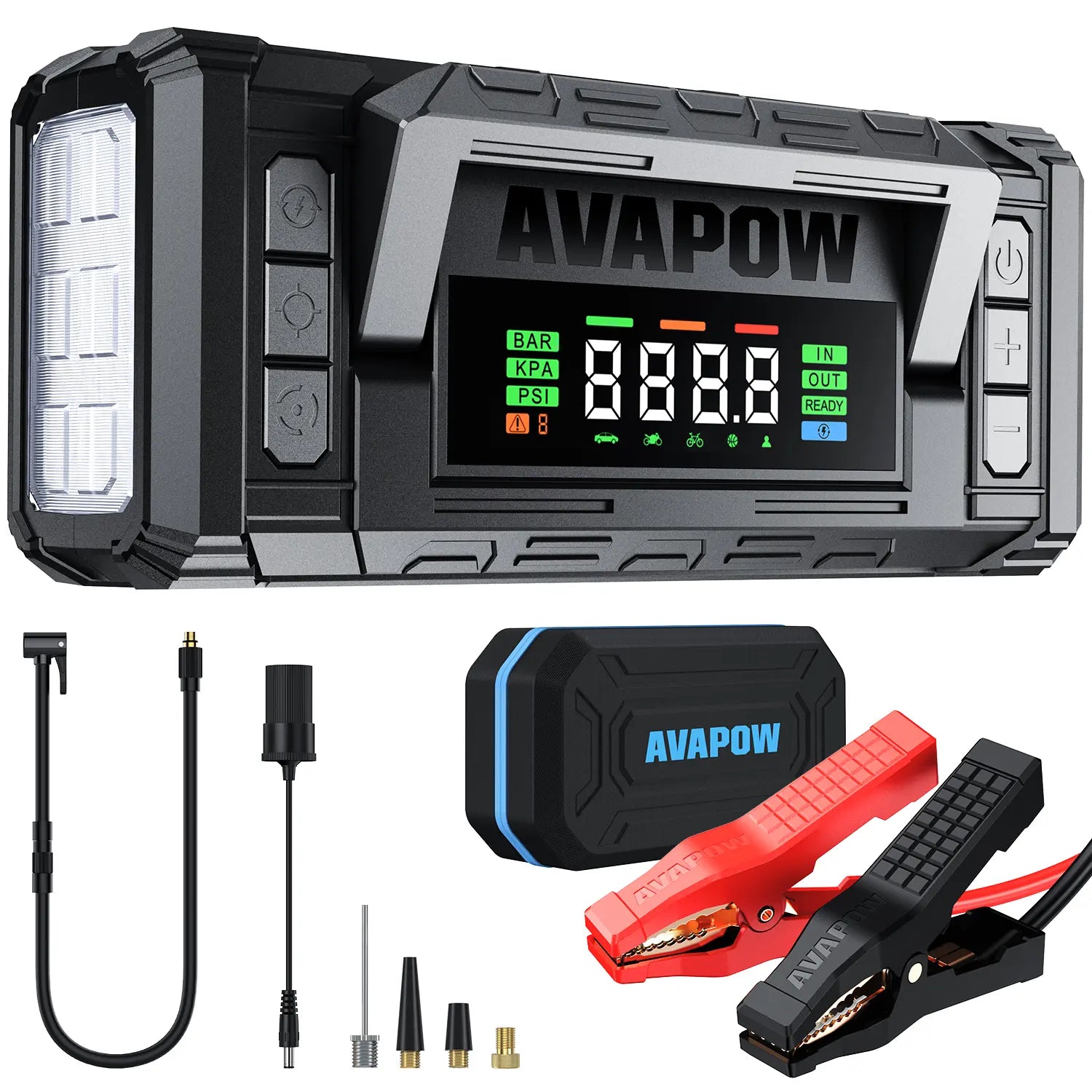 AVAPOW TM28 starteris ar gaisa kompresoru, 4000A, 150 PSI — portatīvs auto akumulatora palaišanas bloks ar 4″ HD displeju, PD 30W divvirzienu ātro uzlādi, piemērots visiem benzīna un līdz 10L dīzeļdzinējiem, ar automātisku riepu piepumpēšanas izslēgšanu