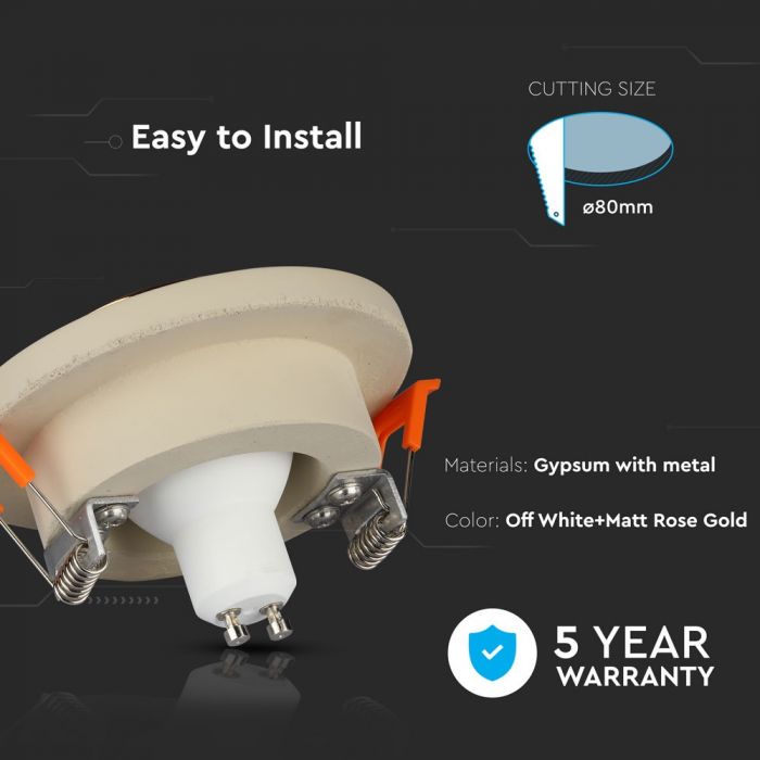 GU10 iebūvējams ģipša karkass/armatūra, apaļas formas, off white/golden rose, Ø100x40mm, iebūv. izm. Ø80mm, V-TAC
