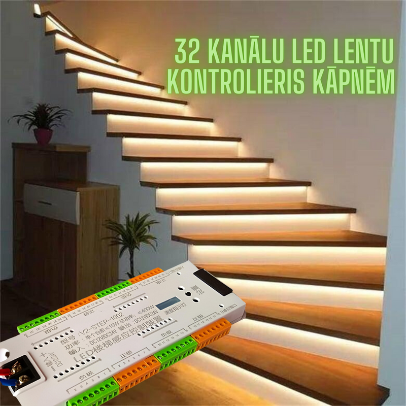 Staircase counterlighter 500w_32 channel LED tape controller with 2x motion sensors - for stairs (tape+profiles+12V power supply must be supplied)