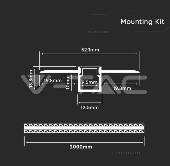2m iebūvējams alumīnija profils, 12mm, piena krāsas stikls, V-TAC