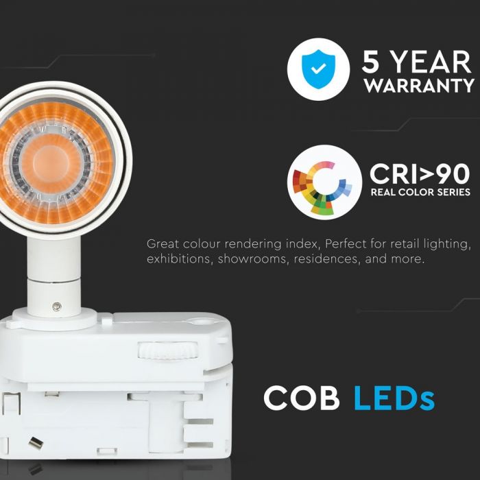 15W(1200Lm) LED COB sliežu prožektors, V-TAC SAMSUNG CHIP, IP20, garantija 5 gadi, auksti balta gaisma 5000K
