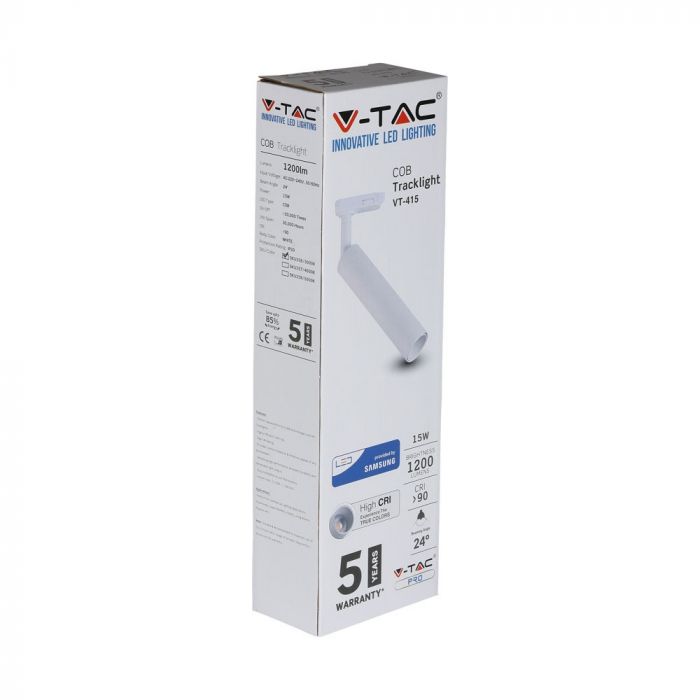 15W (1200Lm) LED COB strålkastare för strömskenor, V-TAC SAMSUNG CHIP, IP20, 5 års garanti, 5000K kallvitt ljus