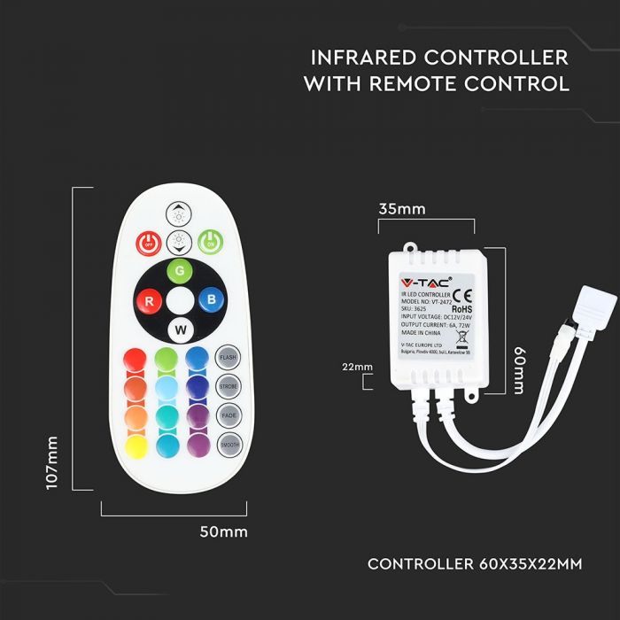 LED-värviribade kontroller 6A 72W, 24 nuppu, V-TAC, puldiga
