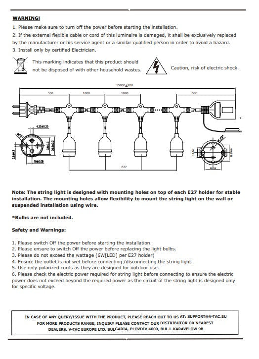 15m E27 glödlampa sockelsträng med 15 medföljande E27 4w LED filament ST64 2700K, 1m x15 mellan socklar, vattentät IP65, AC220-240V, 2,68kg, svart, med 220V uttag i slutet och kontakt i början, kan seriekopplas