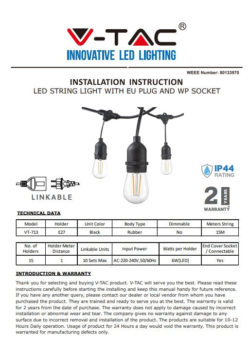 15m E27 bulb plinth string with 15 included E27 4w LED filament G45 2200K, distance between plinths 1m x15 plinths, waterproof IP65, AC220-240V, 2.68kg, black, with 220V socket at the end and plug at the beginning, can be connected in multiple strings