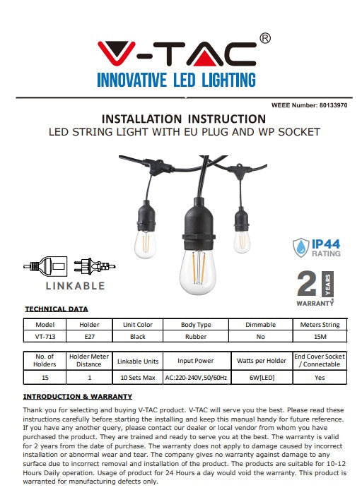 15m E27 bulb plinth string with 15 included E27 4w LED filament ST64 2700K, 1m x15 between plinths, waterproof IP65, AC220-240V, 2.68kg, black, with 220V socket at the end and plug at the beginning, can be connected in series