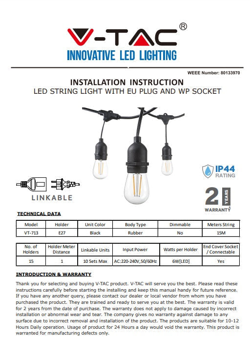 15m E27 bulb plinth string with 15 included E27 4w LED filament ST64 2200K, 1m x15 between plinths, waterproof IP65, AC220-240V, 2.68kg, black, with 220V socket at the end and plug at the beginning, can be connected in series