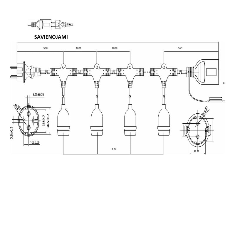 15m E27 spuldžu cokolu virtene ar iekļautām 15 spuldzēm E27 4w LED filament G45 2200K, attālums starp cokoliem 1m x15 cokoli,ūdensdroša IP65, AC220-240V, 2.68kg, melna, ar 220V rozeti beigās un kontakdakšu sākumā, iespējams saslēgt vairākas virknē