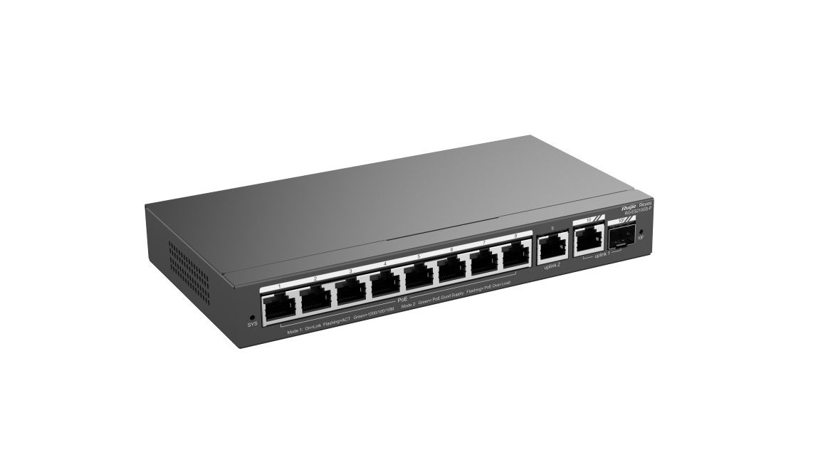 Ruijie Reyee Pārvaldāms 10 portu Gigabit PoE+ tīkla komutators, 8 PoE+ porti, 120 W, Gigabit SFP kombinētais ports, RG-ES210GS-P