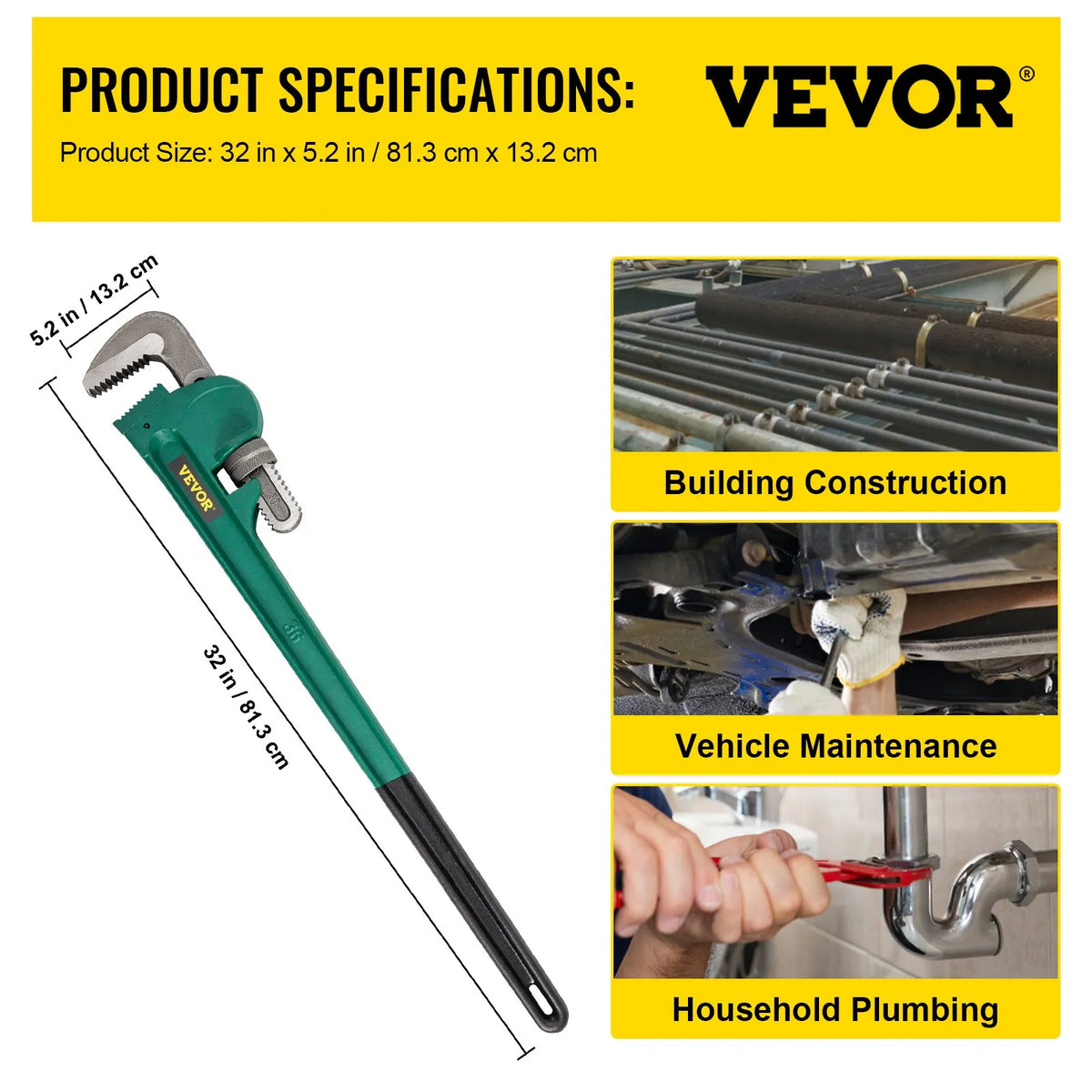 VEVOR 900 mm alumīnija taisnā cauruļu atslēga, regulējama, piemērota 2"–3,5" caurulēm, smagā tipa, 127 mm žokļa atvērums
