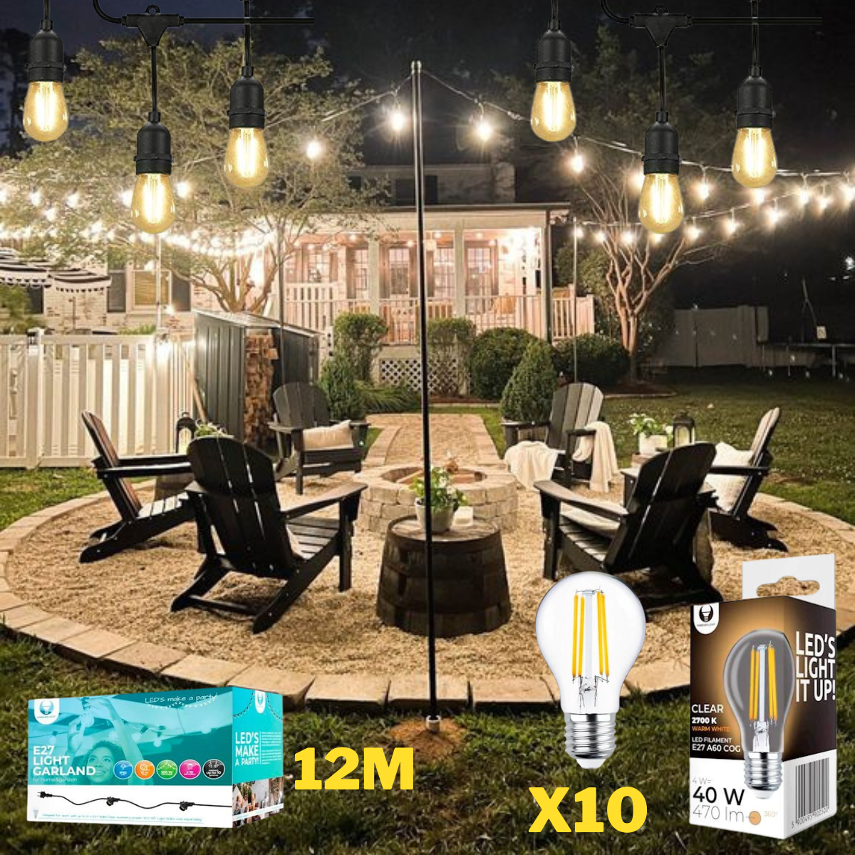 12 meetri pikkune veekindel nöör koos 10 lambiga LED hõõgniit 4W (470Lm) A60 kuju, soe valge 2700K, nöör ELi pistikuga alguses ja pitseeritud pistikupesa lõpus