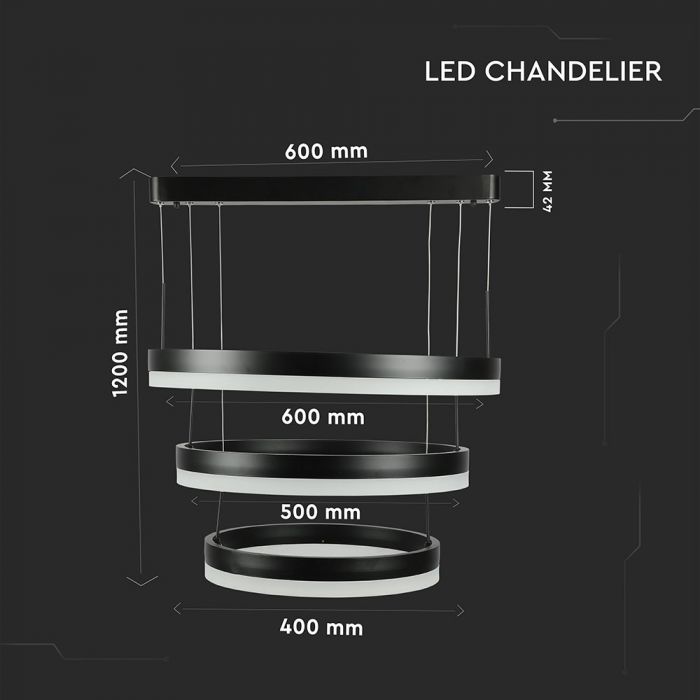 80W (5925Lm) LED iekarams gaismeklis ar 3 riņķiem, V-TAC, dimmējams, silti balta gaisma 3000K