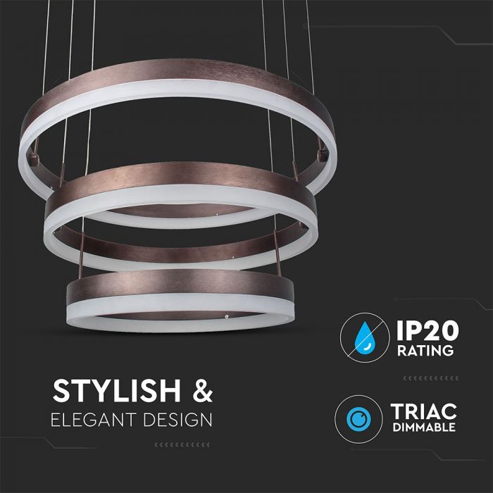 80W (5925Lm) LED pendant light with 3 rings, V-TAC, dimmable, warm white light 3000K