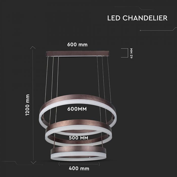 80W (5925Lm) LED pendant light with 3 rings, V-TAC, dimmable, warm white light 3000K