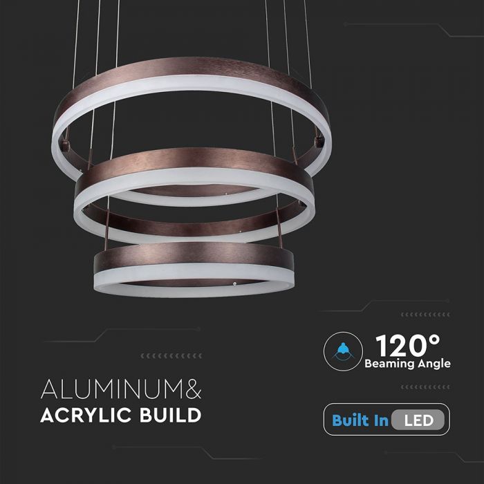 80W (5925Lm) LED pendant light with 3 rings, V-TAC, dimmable, warm white light 3000K