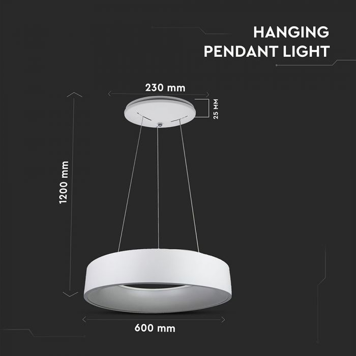 30W (2250Lm) LED hanging light, round, dimmable, V-TAC, warm white light 3000K
