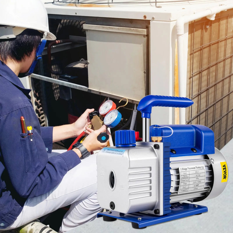 VEVOR vienpakāpes vakuuma sūknis 183 l/min (3 CFM), 246 W (1/3 ZS) ar 1440 apgr./min, piemērots vakuumēšanai un darbam ar aukstuma aģentiem R12, R22 un R134a