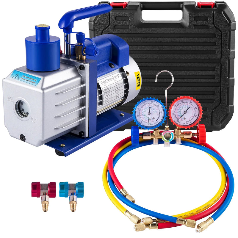 VEVOR vakuumsūkņa komplekts HVAC sistēmām, vienpakāpes AC vakuumsūknis 283 l/min, jauda 0,25 kW, A/C kolektora manometru komplekts ar 3 vārstiem gaisa kondicionēšanas iekārtām