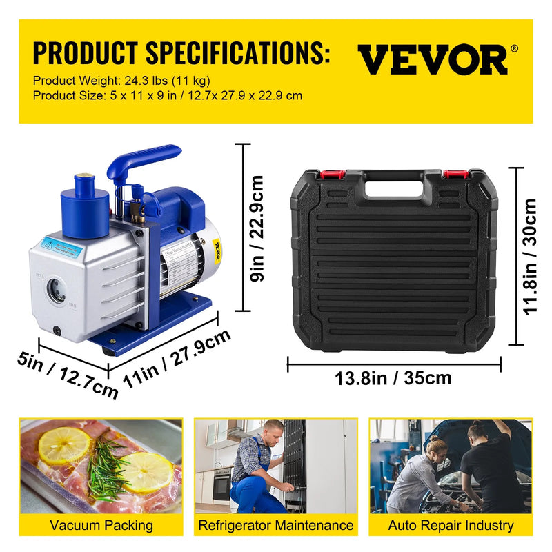 VEVOR vakuumsūkņa komplekts HVAC sistēmām, vienpakāpes AC vakuumsūknis 283 l/min, jauda 0,25 kW, A/C kolektora manometru komplekts ar 3 vārstiem gaisa kondicionēšanas iekārtām