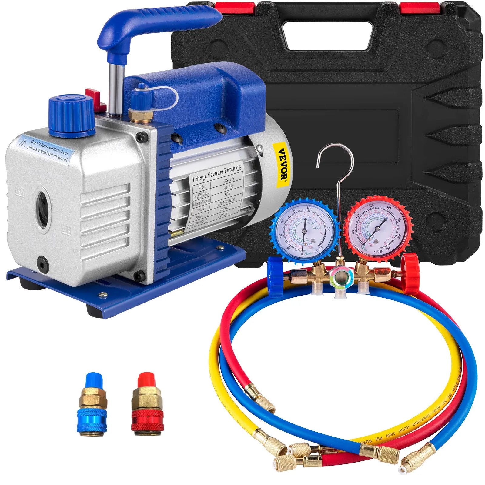 VEVOR vakuumsūknis HVAC un saldēšanas sistēmām, gaisa plūsma 233 l/min, jauda 0,25 kW (1/3 HP), piemērots R22, R12, R134a un R502, ar A/C adapteri