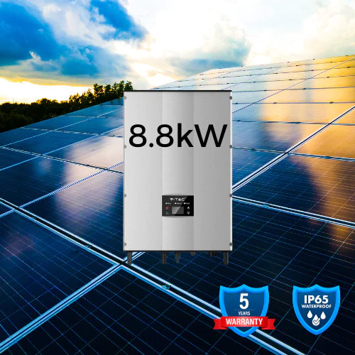 8.8 KW three-phase network inverter. "Sadales Tīkla" verified, registered as V-TAC Exports Limited VT-6608305, available for selection. Five-year warranty. IP65