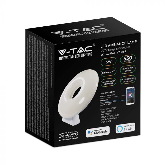 4W(550Lm) LED gaismeklis, V-TAC, IP20, savietojams ar AMAZON ALEXA & GOOGLE HOME, RGB+WW+CW