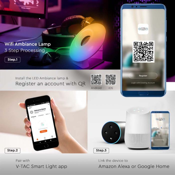 4W(550Lm) LED gaismeklis, V-TAC, IP20, savietojams ar AMAZON ALEXA & GOOGLE HOME, RGB+WW+CW