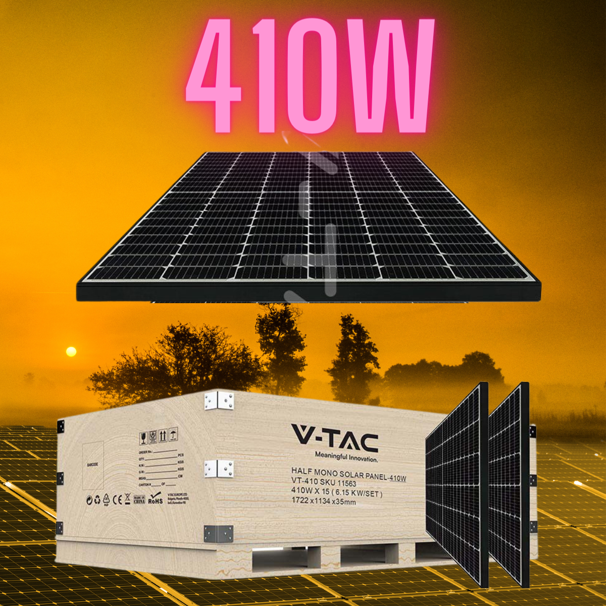 Saules panelis 410W ar melnu rāmi, 10 gadu garantiju un TUV NORD sertifikātu,36V(maksimāli 31,46V),izmērs 1722x1134x35mm,21.5kg,iekļauti MC4 konektori un 1m kabelis,zīmols V-TAC,VT-410